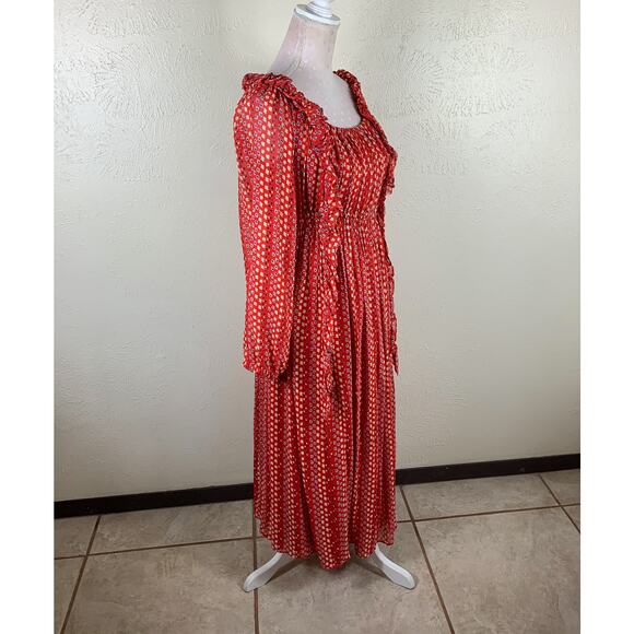 Tanya Taylor Daria Silk Midi Dress Size 8 Red Geo Print Chiffon Ruffles - Picture 4 of 12